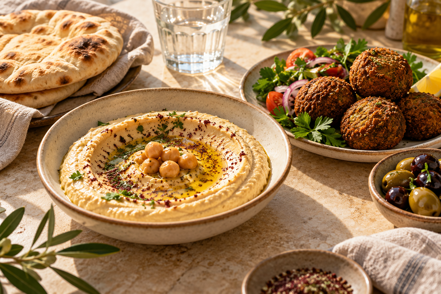 Illustrative Mediterranean dishes on a warmly lit restaurant table